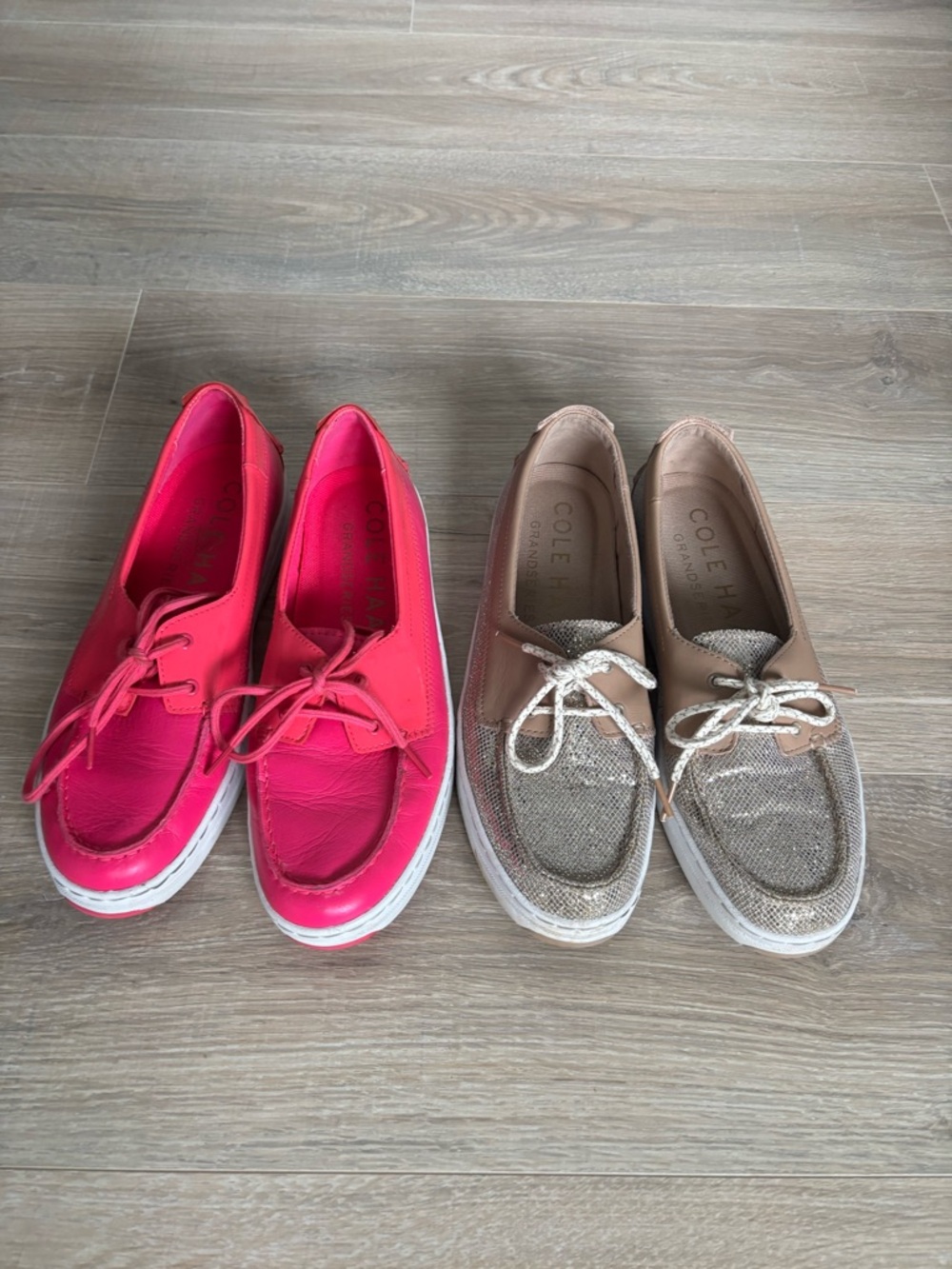 Two (2) pairs Cole Haan Grand Series in Pink & Glitter Gold Boat Loafers Shoes